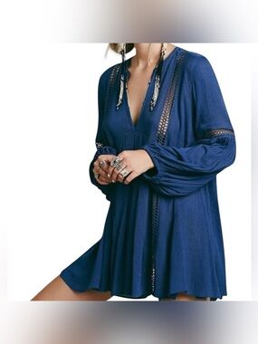 Free People Deep V-Neck Navy Crochet-Trim Tunic